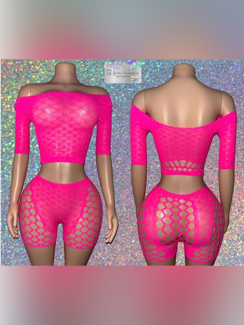 HOT PINK Off-Shoulder Fishnet 2 Piece set with matching pasties